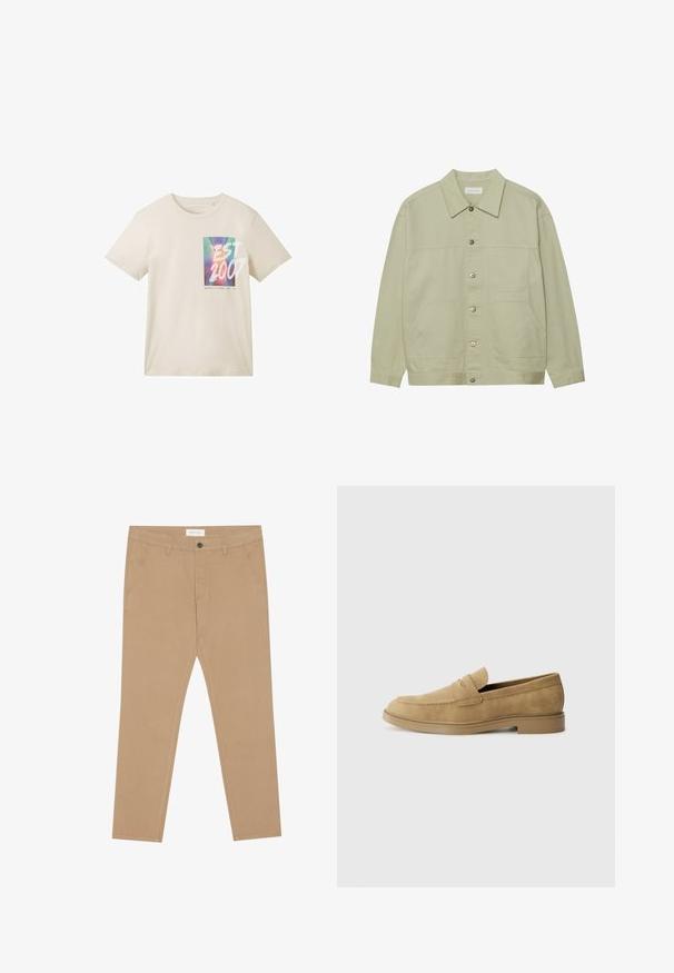 Chaqueta de algodón de color verde claro, con botones. Presenta dos bolsillos de parche en la parte frontal y un collar clásico. Tejido texturizado con un acabado suave.; TOM TAILOR DENIM Camiseta estampada - cold beige; Chinos caqui de mezcla de algodón, con frente plano, dos bolsillos laterales y un bolsillo trasero. Tejido ligero con una textura suave.; Mocasines de ante en tono marrón claro con punta redondeada, tacón bajo y detalles de costura en la parte superior. Textura suave y diseño minimalista.