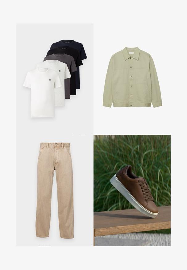 Světle zelená, zapínací bunda vyrobená z bavlny. Obsahuje dvě přední náprsní kapsy a klasický límeček. Texturovaná látka s hladkým povrchem.; Pět bavlněných triček s krátkým rukávem v bílém, světle šedém, tmavě šedém, námořnickém a černém provedení, s malým logem na hrudi.; Béžové džíny z denimu se středně širokým střihem, vybavené předními kapsami, kovovým zapínáním na knoflík a jemnou texturou.; Hnědé kožené tenisky s bílou gumovou podrážkou, kulatou špičkou a hnědými tkaničkami. Imitovaný grip na podrážce a hladký povrch na svršku.