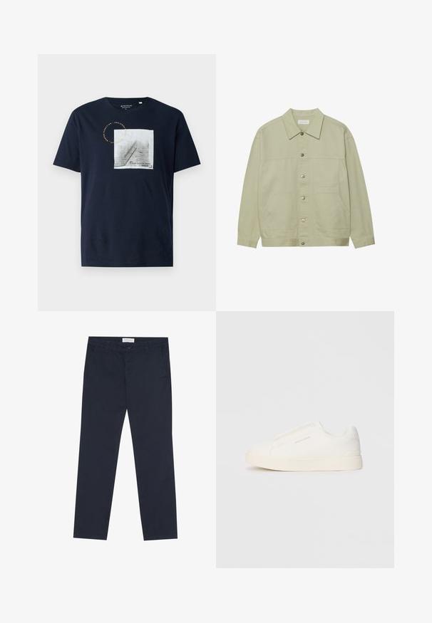 Světle zelená, zapínací bunda vyrobená z bavlny. Obsahuje dvě přední náprsní kapsy a klasický límeček. Texturovaná látka s hladkým povrchem.; Námořnické bavlněné tričko s čtvercovou grafikou schodů s zábradlím a kulatým textem, kulatým výstřihem a krátkými rukávy.; Námořnické modré chinos kalhoty vyrobené z bavlny, s hladkým povrchem, s zipovým zapínáním, poutky na opasek a bočními kapsami pro funkčnost.; Bílé slip-on tenisky s texturovaným povrchem, silnou podešví a minimalistickým designem. Na boku je umístěno logo značky.
