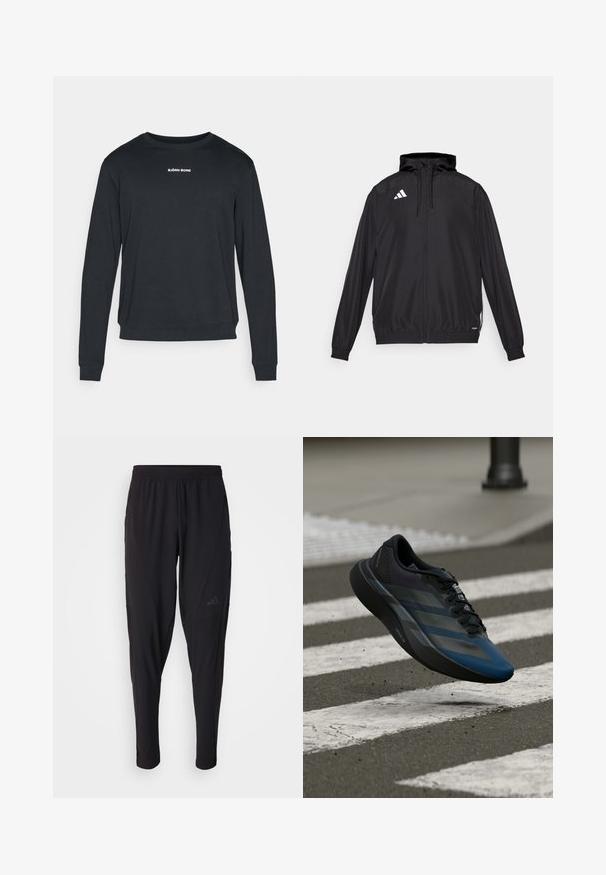 Casaco desportivo preto feito de material leve. Apresenta um capuz, fecho de correr e punhos elásticos. Logótipo branco no lado superior esquerdo.; Sweatshirt preto de mangas longas feito de tecido macio, com gola redonda, punhos ribados e um logotipo branco impresso no peito.; Calças atléticas pretas com um cós elástico, design afunilado, bolsos laterais e detalhe discreto do logótipo. Feitas de um tecido flexível e respirável.; Tênis atlético preto e azul com design aerodinâmico, apresentando uma parte superior texturizada, riscas contrastantes e uma sola acolchoada, pairando sobre o pavimento.
