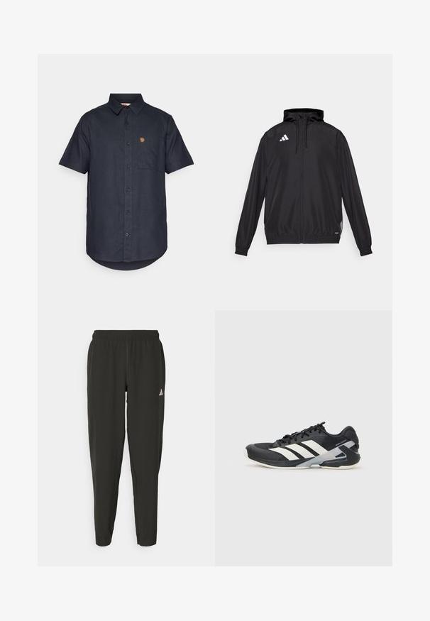 Čierna atletická bunda vyrobená z ľahkého materiálu. Má kapucňu, zips a elastické manžety. Biele logo na hornej ľavej strane.; Košela s krátkymi rukávmi v tmavomodrom látkovom prevedení, obsahujúca náprsné vrecko a malú logo nášivku na hornej ľavej strane.; Čierne športové nohavice s elastickým pásom, úzkeho strihu a bielym logom na ľavej nohe. Hladká, ľahká tkanina.; Čierna športová obuv s bielymi pruhmi, sieťovinový zvršok, zaoblená špička a polstrovaná podrážka. Obsahuje štruktúrovaný opätok a bezpečný systém šnurovania.