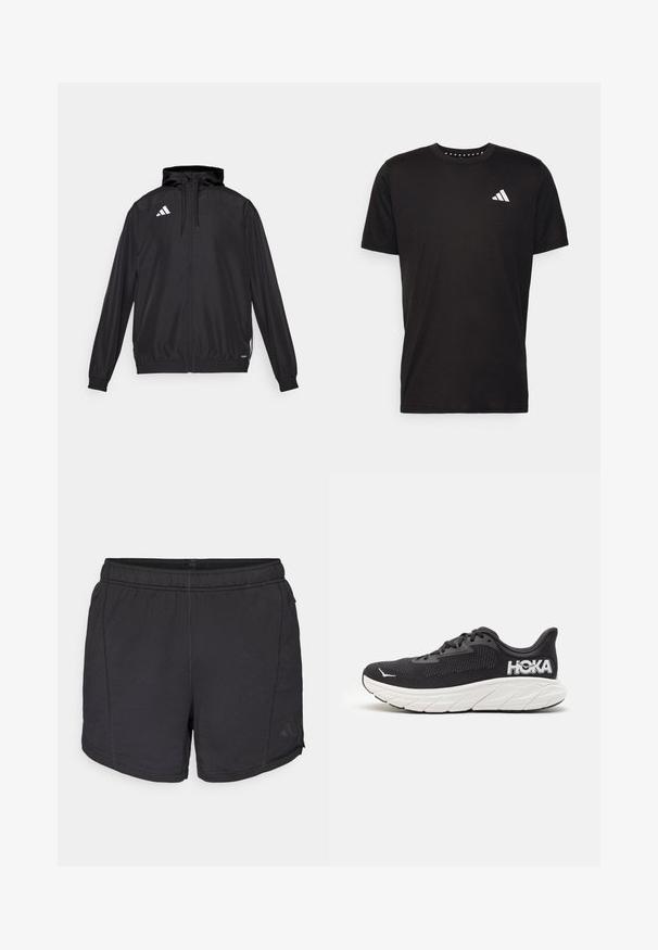 Zwarte sportjack gemaakt van lichtgewicht materiaal. Voorzien van een capuchon, ritssluiting en elastische manchet. Witte logo op de bovenste linkerkant.; Zwarte katoenen t-shirt met korte mouwen, ronde hals en een wit logo op de linkerkant van de borst. Gladde textuur en eenvoudig ontwerp.; Zwarte sportshorts met een elastische tailleband en een subtiele Adidas-logo op het linkerbeen, weergegeven tegen een eenvoudige witte achtergrond.; Zwarte hardloopschoen met een gemêleerde mesh bovenkant, witte middenzool, opvallend logo op de hiel en een gebogen zool voor extra demping.