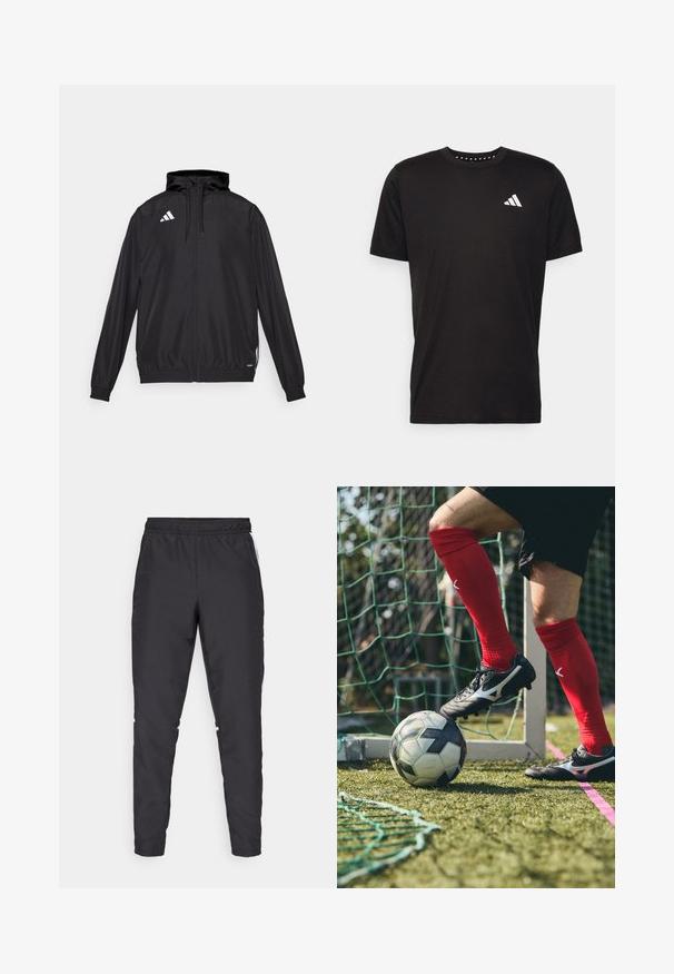 Μαύρο αθλητικό μπουφάν φτιαγμένο από ελαφρύ υλικό. Διαθέτει κουκούλα, φερμουάρ και ελαστικές μανσέτες. Λευκό λογότυπο στην άνω αριστερή πλευρά.; Μαύρο βαμβακερό μπλουζάκι με κοντά μανίκια, στρογγυλή λαιμόκοψη και λευκό λογότυπο στην αριστερή πλευρά του στήθους. Λείο υλικό και απλός σχεδιασμός.; Μαύρο αθλητικό παντελόνι με ελαστική μέση, στενές γραμμές και λευκές ρίγες στο πλάι. Φτιαγμένο από συνθετικό υλικό με λεία υφή.; Μαύρα ποδοσφαιρικά παπούτσια με ασημί λεπτομέρειες σε έναν χλοοτάπητα, κόκκινες κάλτσες και μια ασπρόμαυρη μπάλα ποδοσφαίρου τοποθετημένη κάτω από το πόδι.