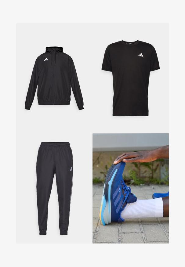 Black athletic jacket made from lightweight material. Features a hood, zip closure, and elastic cuffs. White logo on the upper left side.; Black cotton t-shirt with short sleeves, crew neckline, and a white logo on the left chest. Smooth texture and simple design.; Black athletic pants with an elastic waistband, featuring white stripes along the sides and a small logo on the hip. Smooth texture.; adidas Performance SUPERNOVA SOLUTION - Road running shoes - team royal blue/dark blue/blue burst