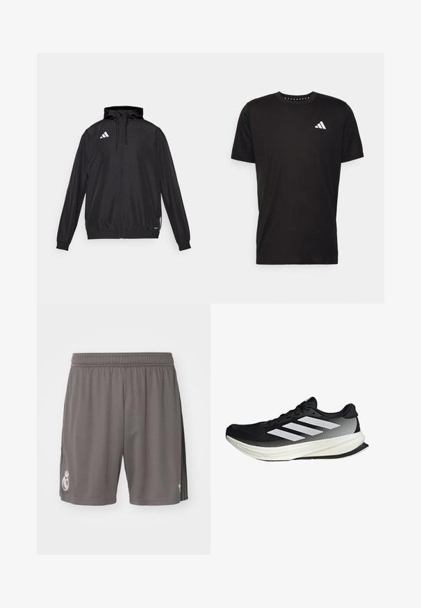 Zwarte sportjack gemaakt van lichtgewicht materiaal. Voorzien van een capuchon, ritssluiting en elastische manchet. Witte logo op de bovenste linkerkant.; Zwarte katoenen t-shirt met korte mouwen, ronde hals en een wit logo op de linkerkant van de borst. Gladde textuur en eenvoudig ontwerp.; adidas Performance REAL MADRID 3RD SHORT - Fanartikel - charcoal; Zwarte sportieve schoen met een mesh ontwerp, voorzien van witte strepen, een ronde neus en een gestructureerde zool voor grip en ondersteuning.