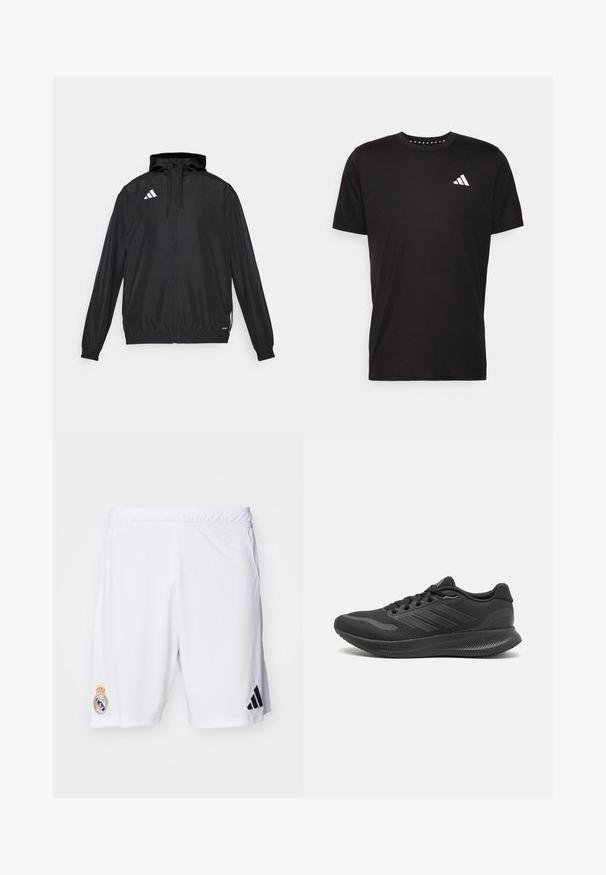 Crna sportska jakna izrađena od laganog materijala. Ima kapuljaču, zatvaranje na rajsferšlus i elastične manšete. Bijeli logo na gornjoj lijevoj strani.; Crna pamučna majica s kratkim rukavima, okruglim izrezom i bijelim logotipom na lijevoj strani prsnog koša. Glatka tekstura i jednostavan dizajn.; Bijele sportske kratke hlače od lagane tkanine, s crnim Adidas logotipom i vezanim grbom Real Madrida na lijevoj nozi.; Crne atletske tenisice s mrežastim gornjim dijelom, glatkim tekstilnim detaljima, okruglim vrhom, ravnim vezicama i teksturiranim gumenim potplatom za bolje prianjanje.