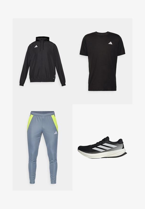 Czarna sportowa kurtka wykonana z lekkiego materiału. Posiada kaptur, zamek błyskawiczny oraz elastyczne mankiety. Białe logo na górnej lewej stronie.; Czarna bawełniana koszulka z krótkim rękawem, okrągłym dekoltem i białym logo na lewej piersi. Gładka tekstura i prosty design.; Szare spodnie sportowe z neonowymi żółtymi bocznymi panelami, elastycznym pasem, zwężającym się krojem nogawki oraz odblaskowym logo z przodu.; Czarny but sportowy z siateczkowym wzorem, z białymi paskami, zaokrąglonym noskiem i teksturowaną podeszwą dla lepszej przyczepności i wsparcia.