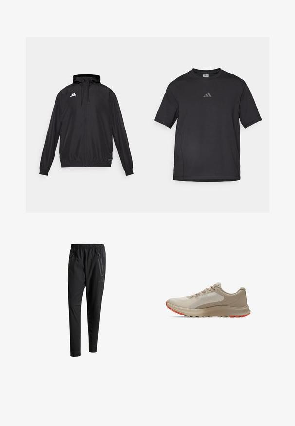 Giacca atletica nera realizzata in materiale leggero. Caratterizzata da un cappuccio, chiusura zip e polsini elastici. Logo bianco sul lato superiore sinistro.; Maglietta sportiva nera realizzata in materiale traspirante, con maniche corte, colletto rotondo e logo riflettente sul petto.; Pantaloni sportivi neri con vita elastica, due tasche laterali con cerniera, gambe affusolate e un sottile dettaglio del logo sull'anca.; Scarpa da corsa color beige chiaro con un pannello superiore testurizzato, accenti arancioni smorzati in contrasto sulla suola e un'intermedia ammortizzata.