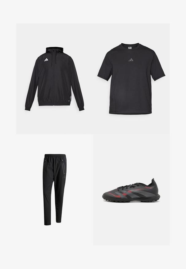 Veste de sport noire en matériau léger. Dotée d'une capuche, d'une fermeture éclair et de poignets élastiques. Logo blanc sur le côté supérieur gauche.; T-shirt de sport noir en matériau respirant, à manches courtes, avec un col rond et un logo réfléchissant sur la poitrine.; Pantalons de sport noirs avec une taille élastique, deux poches latérales zippées, des jambes fuselées et un détail de logo subtil sur la hanche.; Crampon de football noir avec des accents rouges, tige synthétique texturée, fermeture à lacets et crampons en caoutchouc pour l'adhérence. Présente un design élégant et épuré.