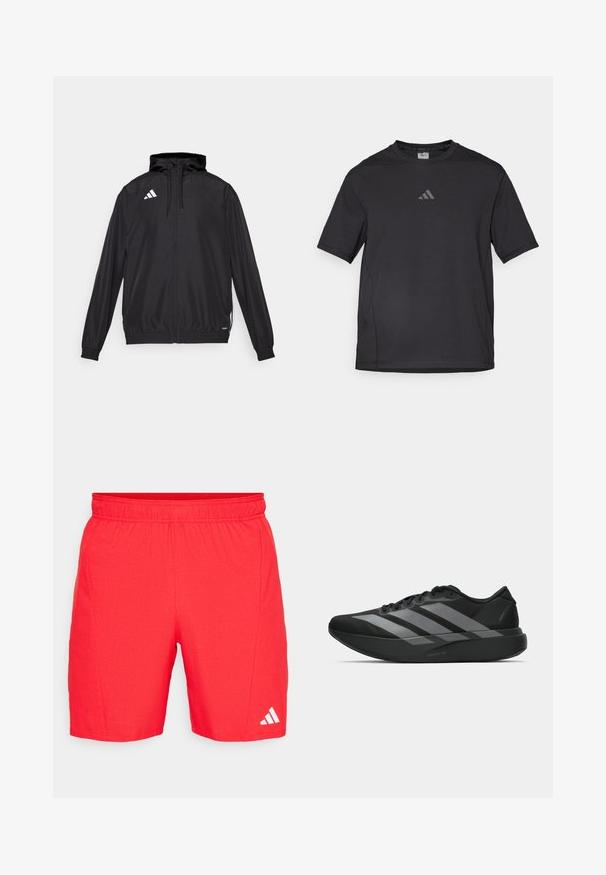 Crna sportska jakna izrađena od laganog materijala. Ima kapuljaču, zatvaranje na rajsferšlus i elastične manšete. Bijeli logo na gornjoj lijevoj strani.; Crna atletska majica od prozračnog materijala, s kratkim rukavima, okruglim izrezom i reflektirajućim logotipom na prsima.; Crvene atletske kratke hlače s elastičnom trakom u struku, teksturirana tkanina i bijeli Adidas logo blizu rubova.; Crne atletske tenisice s laganim dizajnom, koje imaju tri istaknute sive pruge, glatku teksturu i oblikovanu pogodnu potplat.