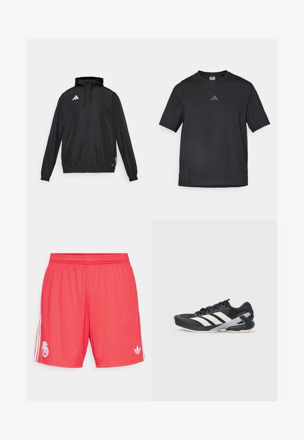 Črna športna jakna iz lahkega materiala. Ima kapuco, zadrgo in elastične manšete. Bele logotip na zgornji levi strani.; Črno atletsko majico iz zračnega materiala, ki ima kratke rokave, okroglo ovratnik in odsevni logotip na prsih.; Rdeče atletske kratke hlače iz lahkega materiala, z belim logotipom na levi nogi in tremi belimi šivi ob straneh.; Črne atletske čevlje z belimi črtami, mrežastim zgornjim delom, zaobljenim nosom in blaženim podplatom. Imajo teksturiran petni del in varen sistem vezalk.