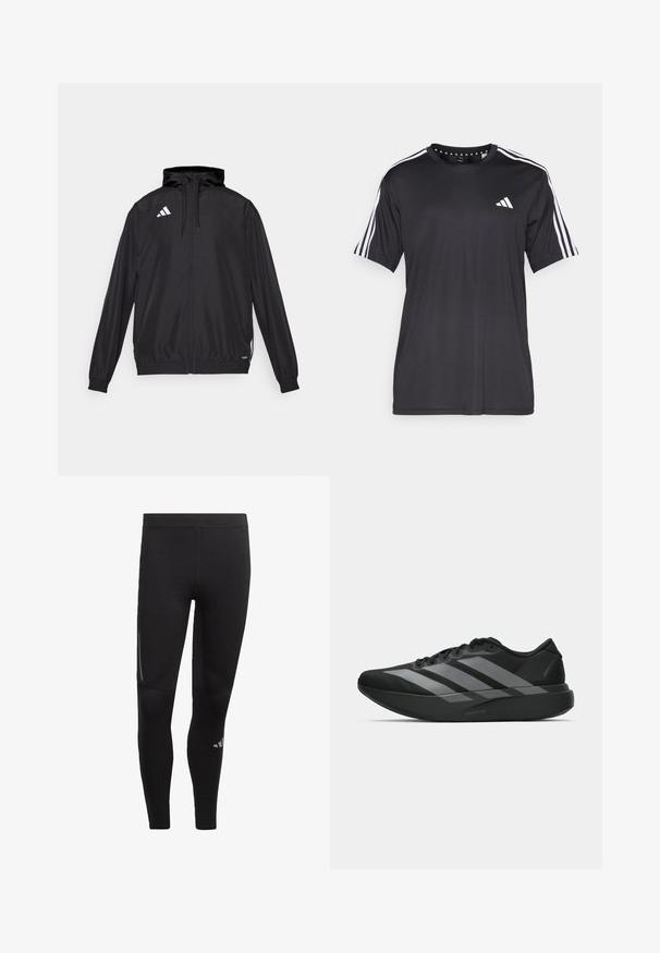 Zwarte sportjack gemaakt van lichtgewicht materiaal. Voorzien van een capuchon, ritssluiting en elastische manchet. Witte logo op de bovenste linkerkant.; Zwarte t-shirt met korte mouwen, voorzien van een witte drie-strepen design op de schouders en een logo op de borst. Gemaakt van ademend materiaal met een zachte textuur.; Zwarte sportleggings van rekbaar materiaal, met een hoge tailleband, reflecterende accenten en een logo bij de enkel. Glad textuur.; Zwarte sportieve schoenen met een lichtgewicht ontwerp, voorzien van drie opvallende grijze strepen, een gladde textuur en een gevormde zool.