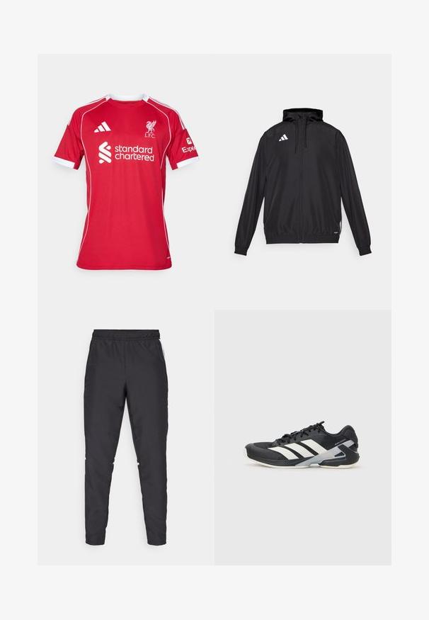 Black athletic jacket made from lightweight material. Features a hood, zip closure, and elastic cuffs. White logo on the upper left side.; Red short-sleeve football shirt made of polyester, features white accents, a crew neck, and logos for L.F.C. and Standard Chartered.; Black athletic pants with an elastic waistband, tapered legs, and white side accents. Made of synthetic material with a smooth texture.; Black athletic shoe with white stripes, mesh upper, rounded toe, and cushioned sole. Features a textured heel and secure lacing system.