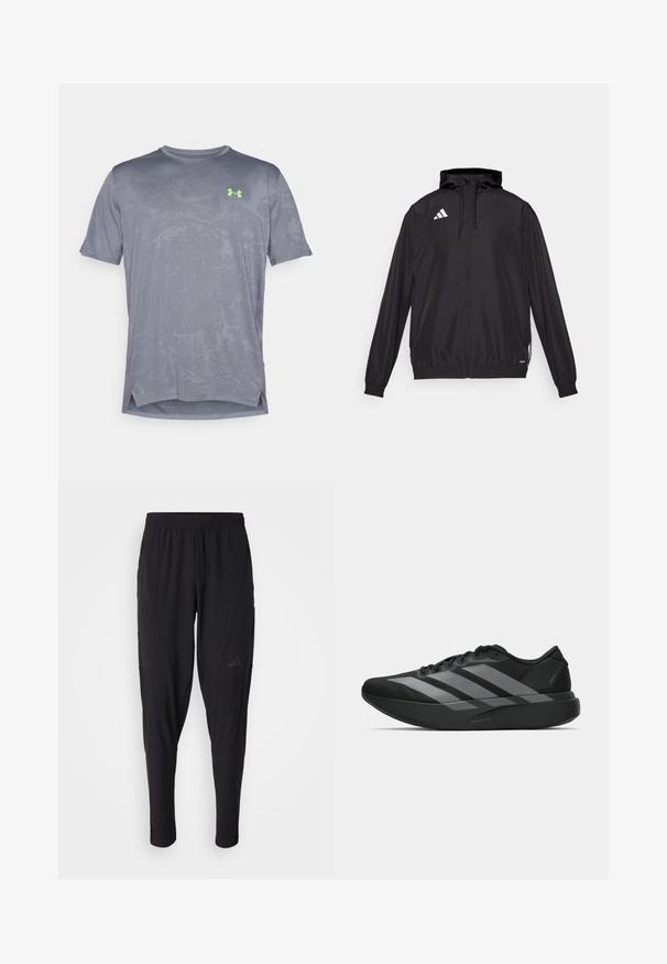 Crna sportska jakna izrađena od laganog materijala. Ima kapuljaču, zatvaranje na rajsferšlus i elastične manšete. Bijeli logo na gornjoj lijevoj strani.; Under Armour VENT - Sportska majica - castlerock/hyper green; Crne sportske hlače s elastičnim pojasom, suženim dizajnom, bočnim džepovima i suptilnim logotipom. Izrađene od fleksibilne, prozračne tkanine.; Crne atletske tenisice s laganim dizajnom, koje imaju tri istaknute sive pruge, glatku teksturu i oblikovanu pogodnu potplat.