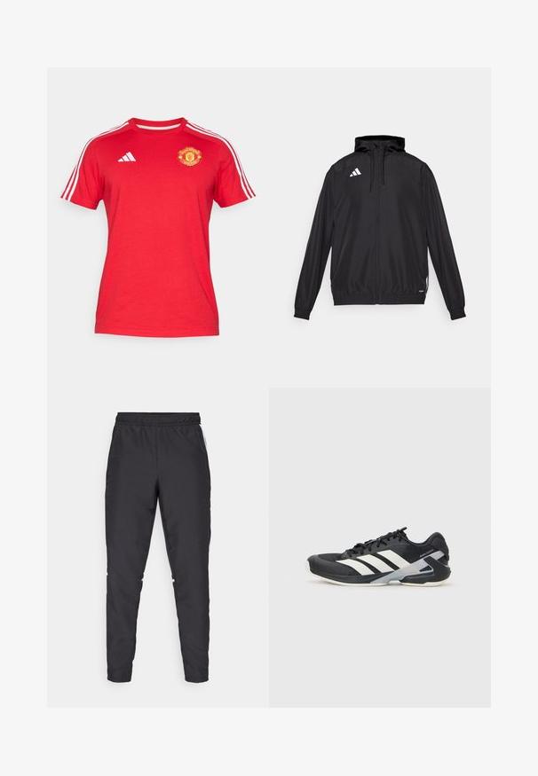 Musta urheilutakki, joka on valmistettu kevyestä materiaalista. Varustettu hupulla, vetoketjulla ja elastisilla hihansuilla. Valkoinen logo vasemmalla ylhäällä.; Punainen puuvillainen t-paita lyhyillä hihoilla, jossa on valkoiset Adidas-raidat olkapäillä ja Manchester Unitedin logo rinnassa.; Mustat urheiluhousut, joissa on joustava vyötärö, kapenevat lahkeet ja valkoiset sivuakkentit. Valmistettu synteettisestä materiaalista, jossa on sileä tekstuuri.; Mustat urheilukengät valkoisilla raidoilla, verkkomateriaalia ylhäällä, pyöristetty kärki ja pehmustettu pohja. Varustettu teksturoidulla kantapäällä ja turvallisella nauhoitusjärjestelmällä.