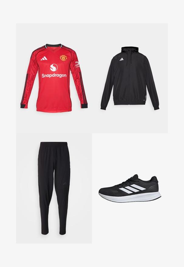 Čierna atletická bunda vyrobená z ľahkého materiálu. Má kapucňu, zips a elastické manžety. Biele logo na hornej ľavej strane.; Červený dlhý rukáv futbalový dres s čiernymi detailmi, dizajn s v-čelom, logo Adidas, erb Manchester United a text "Snapdragon" na prednej strane.; Čierne športové nohavice s elastickým pásom, zúženým strihom, bočnými vreckami a nenápadným logom. Vyrobené z flexibilnej, priedušnej tkaniny.; Čierne športové topánky s bielymi pruhmi, sieťovina na vrchnej časti, polstrovaná podrážka a textúrované akcenty. Obsahujú šnúrkový dizajn a logo značky na jazyku.