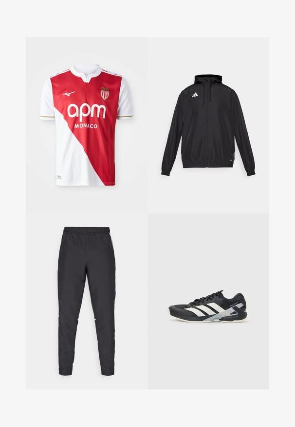 Melns sportisks jaka, kas izgatavota no viegla materia. Iespējas ietver kapuci, rāvējslēdzēju un elastīgas aproces. Baltā logo kreisajā augšējā pusē.; Sarkans un balts īsām piedurknēm futbola krekls ar diagonālu krāsu bloku, zelta akcentiem, zīmola logotipu un ģerboni. Viegls, elpojošs audums.; Melnas sporta bikses ar elastīgu jostu, sašaurinātām kājām un baltām sānu akcentiem. Izgatavotas no sintētiska materiāla ar gludu tekstūru.; Melnas sporta kurpes ar baltām svītrām, acs augšdaļa, noapaļots pirksts un mīksts zole. Iespējams ar teksturētu papēdi un drošu šņoru sistēmu.