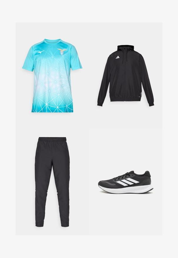 Μαύρο αθλητικό μπουφάν φτιαγμένο από ελαφρύ υλικό. Διαθέτει κουκούλα, φερμουάρ και ελαστικές μανσέτες. Λευκό λογότυπο στην άνω αριστερή πλευρά.; Ανοιχτό μπλε αθλητικό μπλουζάκι με λευκό γεωμετρικό σχέδιο ιστού, λογότυπο S.S. Lazio στο δεξί στήθος και λογότυπο Mizuno στο αριστερό στήθος.; Μαύρο αθλητικό παντελόνι με ελαστική μέση, στενές γραμμές και λευκές ρίγες στο πλάι. Φτιαγμένο από συνθετικό υλικό με λεία υφή.; Μαύρο αθλητικό παπούτσι με διαπνέον επάνω τμήμα από πλέγμα, λευκές λεπτομέρειες και μαλακή σόλα. Διαθέτει το λογότυπο με τις τρεις ρίγες στο πλάι.