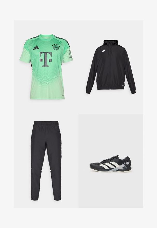 Melns sportisks jaka, kas izgatavota no viegla materia. Iespējas ietver kapuci, rāvējslēdzēju un elastīgas aproces. Baltā logo kreisajā augšējā pusē.; Mint zaļš futbola krekls ar melniem akcentiem, gradienta dizains, ar lielu melnu logotipu centrā un komandas emblēmu augšējā kreisajā stūrī.; Melnas sporta bikses ar elastīgu jostu, sašaurinātām kājām un baltām sānu akcentiem. Izgatavotas no sintētiska materiāla ar gludu tekstūru.; Melnas sporta kurpes ar baltām svītrām, acs augšdaļa, noapaļots pirksts un mīksts zole. Iespējams ar teksturētu papēdi un drošu šņoru sistēmu.
