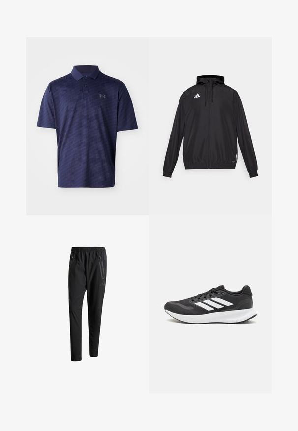 Fekete sportdzseki könnyű anyagból készült. Kapucnival, cipzárral és rugalmas mandzsettákkal rendelkezik. Fehér logó a bal felső részen.; Tengerészkék póló, lélegző anyagból készült, texturált geometriai mintával és három gombos gallérral. Kis logó a mellkason.; Fekete sportos nadrág elasztikus derékpánttal, két cipzáras oldalt zsebbel, tapered lábakkal és diszkrét logóval a csípőn.; Fekete sportcipő légáteresztő hálós felsőrésszel, fehér kiegészítőkkel és párnázott talppal. Az oldalon három csíkkal ellátott logó található.