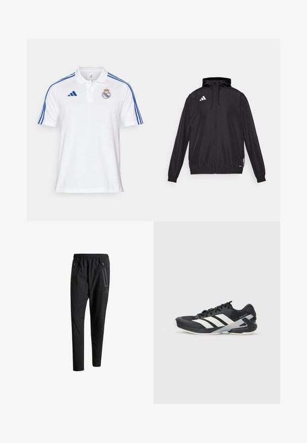 Melns sportisks jaka, kas izgatavota no viegla materia. Iespējas ietver kapuci, rāvējslēdzēju un elastīgas aproces. Baltā logo kreisajā augšējā pusē.; Balts polo krekls, kas izgatavots no kokvilnas, ar zilām svītrām uz pleciem, izšūtu kluba logo uz krūtīm un klasisku apkakli.; Melni sporta bikses ar elastīgu vidukli, divām kabatām ar rāvējslēdzējiem sānos, sašaurinātām kājām un diskrētu logo detaļu uz gurniem.; Melnas sporta kurpes ar baltām svītrām, acs augšdaļa, noapaļots pirksts un mīksts zole. Iespējams ar teksturētu papēdi un drošu šņoru sistēmu.