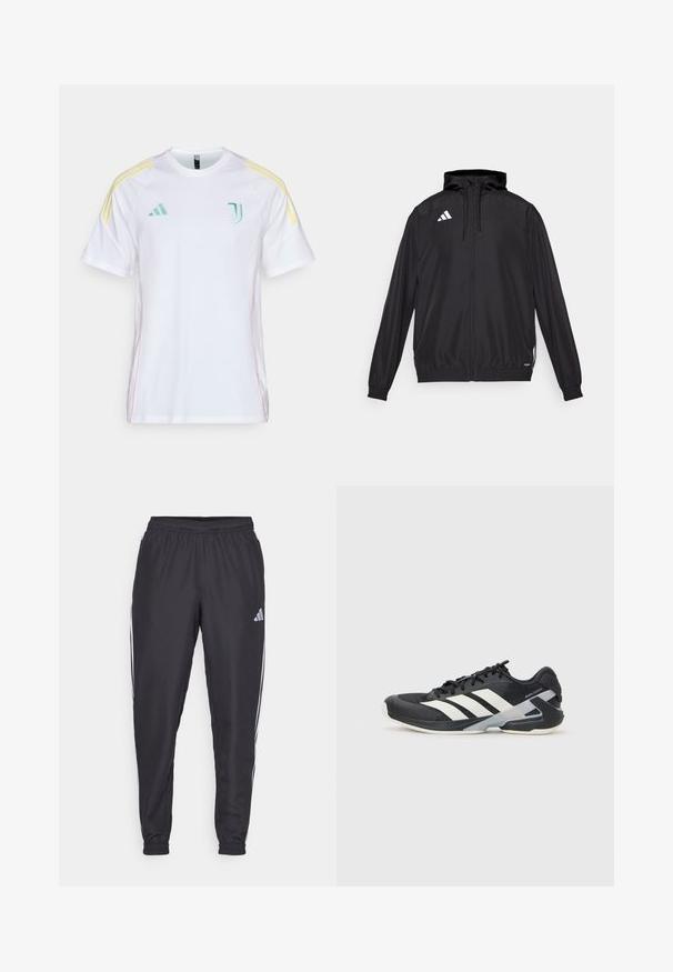 Črna športna jakna iz lahkega materiala. Ima kapuco, zadrgo in elastične manšete. Bele logotip na zgornji levi strani.; Bela majica s kratkimi rokavi z kontrastnimi rumenimi poudarnimi črtami na ramenih. Ima vezeno zeleno logo na prsih in roza stranske šive.; Črne športne hlače z elastičnim pasom, z belimi črtami ob straneh in majhnim logotipom na bokih. Gladka tekstura.; Črne atletske čevlje z belimi črtami, mrežastim zgornjim delom, zaobljenim nosom in blaženim podplatom. Imajo teksturiran petni del in varen sistem vezalk.