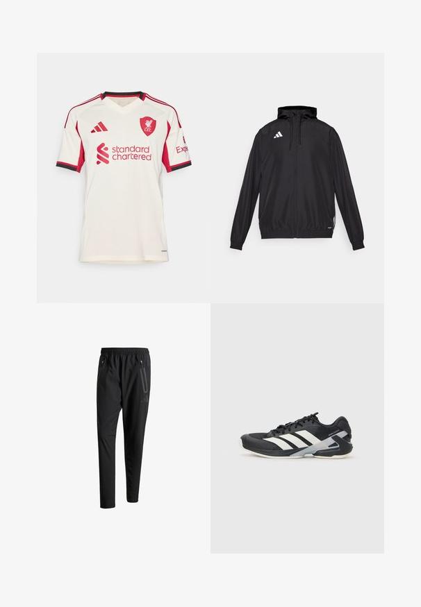 Fekete sportdzseki könnyű anyagból készült. Kapucnival, cipzárral és rugalmas mandzsettákkal rendelkezik. Fehér logó a bal felső részen.; Fehér, rövid ujjú focimez piros kiegészítőkkel, V nyakú, piros csíkokkal az ujjakon, és a "Standard Chartered" logóval. A mellrészen az L.F.C. címer található.; Fekete sportos nadrág elasztikus derékpánttal, két cipzáras oldalt zsebbel, tapered lábakkal és diszkrét logóval a csípőn.; Fekete sportcipő fehér csíkokkal, hálós felsőrész, kerek orr és párnázott talp. Texturált sarokkal és biztonságos fűzőrendszerrel rendelkezik.