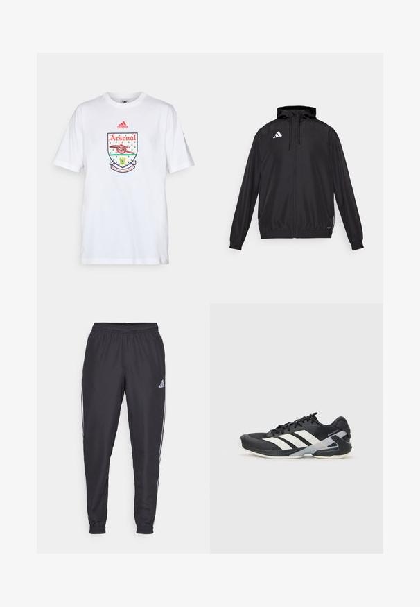 Veste de sport noire en matériau léger. Dotée d'une capuche, d'une fermeture éclair et de poignets élastiques. Logo blanc sur le côté supérieur gauche.; adidas Performance ARSENAL FC TEE 92-94 - Article de supporter d'équipe de club - white; Pantalons de sport noirs avec une taille élastique, présentant des rayures blanches sur les côtés et un petit logo sur la hanche. Texture lisse.; Chaussure de sport noire avec des rayures blanches, tige en mesh, bout arrondi et semelle rembourrée. Comprend un talon texturé et un système de laçage sécurisé.