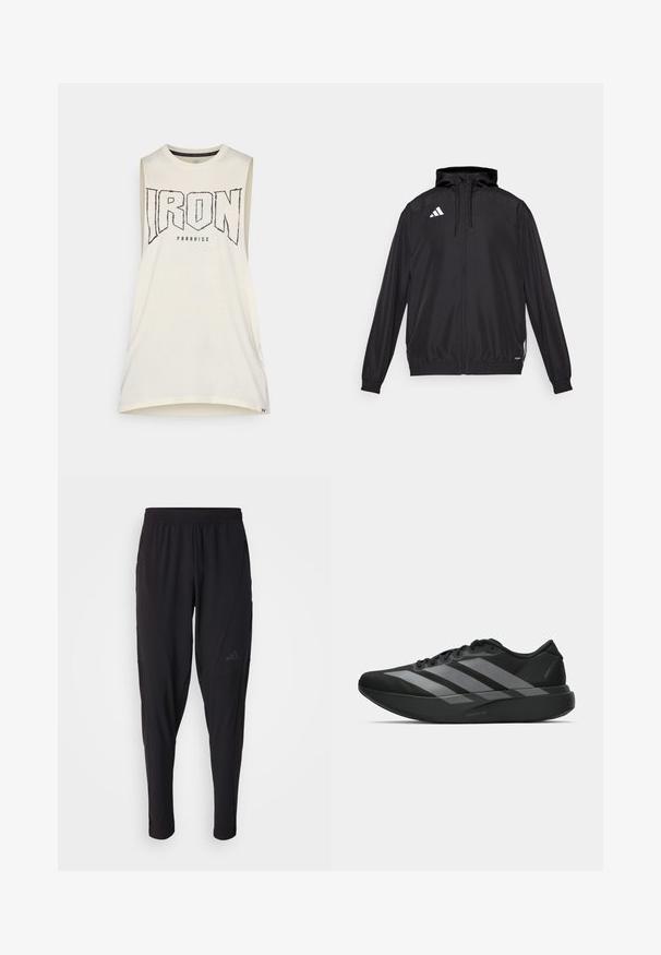 Chaqueta deportiva negra hecha de material ligero. Cuenta con una capucha, cierre de cremallera y puños elásticos. Logotipo blanco en la parte superior izquierda.; Top sin mangas de color crema con la palabra "IRON" en letras negras prominentes. Hecho de algodón suave, con un escote redondo y un corte relajado.; Pantalones deportivos negros con cintura elástica, diseño ajustado, bolsillos laterales y un discreto detalle de logo. Fabricados con un material flexible y transpirable.; Zapatillas deportivas negras con un diseño ligero, que presentan tres franjas grises prominentes, una textura suave y una suela contorneada.