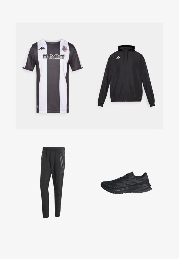 Black athletic jacket made from lightweight material. Features a hood, zip closure, and elastic cuffs. White logo on the upper left side.; Black and white striped football jersey with short sleeves, collar, Kappa logo, and "MAXBET" printed in bold on the front.; Black athletic pants with an elastic waistband, two zippered side pockets, tapered fit, and reflective accents on the front.; Black Adidas running shoe with Gore-Tex upper, three stripes on the side, and "Dreamstrike" on the sole, viewed from the outer side.