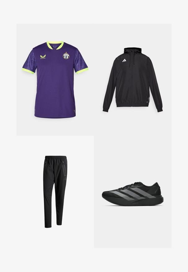 Černá sportovní bunda vyrobená z lehkého materiálu. Obsahuje kapuci, zipové zapínání a elastické manžety. Bílá značka na levé horní straně.; Fialový fotbalový dres s zelenými detaily, krátké rukávy, kulatý výstřih a texturované rukávy. Obsahuje logo FC Zürich a značkovou nálepku.; Černé sportovní kalhoty s elastickým pasem, dvěma zipovými bočními kapsami, zúženými nohavicemi a decentním logem na boku.; Černé sportovní boty s lehkou konstrukcí, se třemi výraznými šedými pruhy, hladkým povrchem a tvarovanou podrážkou.