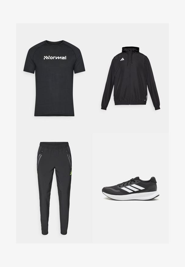 Casaco desportivo preto feito de material leve. Apresenta um capuz, fecho de correr e punhos elásticos. Logótipo branco no lado superior esquerdo.; T-shirt preta de mangas curtas feita de tecido texturizado, apresentando um logotipo branco "Normal" no peito em uma fonte moderna.; adidas Performance REAL MADRID TIRO25 PRO VIS TECH TRAVEL PANT - Roupa de discoteca - black/lucid lemon; Shoe de atletismo preto com parte superior em malha respirável, detalhes brancos e sola almofadada. Apresenta o logotipo das três riscas na lateral.
