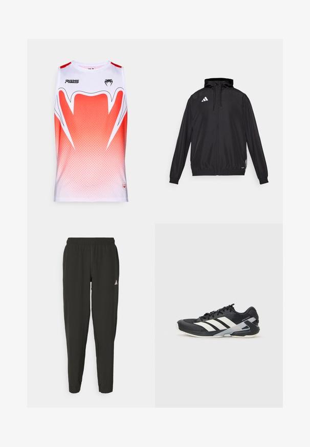 Giacca atletica nera realizzata in materiale leggero. Caratterizzata da un cappuccio, chiusura zip e polsini elastici. Logo bianco sul lato superiore sinistro.; Maglietta sportiva senza maniche bianca e rossa sfumata, caratterizzata da un motivo geometrico, scollatura tonda e loghi del marchio sul davanti.; Pantaloni sportivi neri con elastico in vita, taglio aderente e logo bianco sulla gamba sinistra. Tessuto liscio e leggero.; Scarpa sportiva nera con strisce bianche, tomaia in rete, punta arrotondata e suola ammortizzata. Presenta un tallone testurizzato e un sistema di allacciatura sicuro.