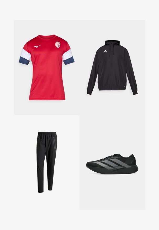 Chaqueta deportiva negra hecha de material ligero. Cuenta con una capucha, cierre de cremallera y puños elásticos. Logotipo blanco en la parte superior izquierda.; Camiseta deportiva roja de manga corta, con acentos en blanco y azul marino. Logo en el pecho, textura suave, fabricada en material sintético.; Pantalones deportivos negros con una cintura elástica, dos bolsillos laterales con cremallera, piernas ajustadas y un discreto detalle de logo en la cadera.; Zapatillas deportivas negras con un diseño ligero, que presentan tres franjas grises prominentes, una textura suave y una suela contorneada.