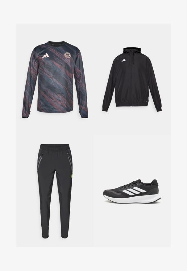 Musta urheilutakki, joka on valmistettu kevyestä materiaalista. Varustettu hupulla, vetoketjulla ja elastisilla hihansuilla. Valkoinen logo vasemmalla ylhäällä.; Pitkähihaine jersey tummansinisessä ja marjapuuronvärisessä sävyssä, jossa on tekstiilinäköinen, aaltomainen kuvio. Varustettu mustalla kauluksella ja FC Bayern Münchenin logolla rinnassa.; adidas Performance REAL MADRID TIRO25 PRO VIS TECH TRAVEL PANT - Joukkuetuote - black/lucid lemon; Mustat urheilukengät hengittävällä verkkosella yläosalla, valkoisilla yksityiskohdilla ja pehmustetulla pohjalla. Sivussa on kolme raitaa -logo.