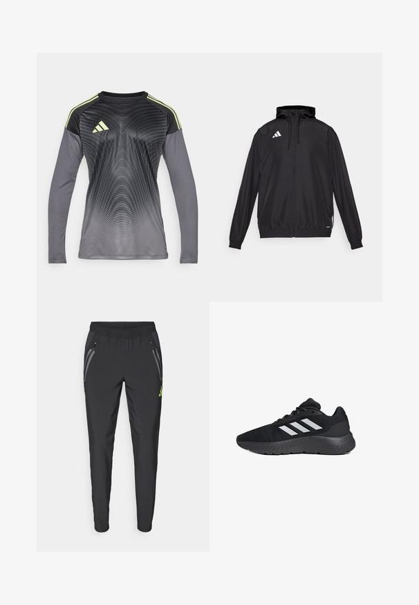 Giacca atletica nera realizzata in materiale leggero. Caratterizzata da un cappuccio, chiusura zip e polsini elastici. Logo bianco sul lato superiore sinistro.; Maglietta sportiva a maniche lunghe di colore grigio scuro con un sottile motivo a onde. Presenta pannelli neri sulle spalle e strisce verdi come accentuazione. Realizzata in tessuto leggero.; adidas Performance REAL MADRID TIRO25 PRO VIS TECH TRAVEL PANT - Squadra - black/lucid lemon; Scarpa sportiva nera con tomaia in rete, tre strisce bianche, suola imbottita e dettagli testurizzati lungo la suola.