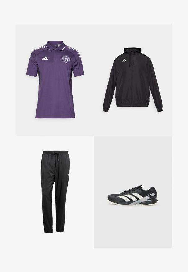 Giacca atletica nera realizzata in materiale leggero. Caratterizzata da un cappuccio, chiusura zip e polsini elastici. Logo bianco sul lato superiore sinistro.; Polo shirt in poliestere viola con dettagli bianchi e pannelli laterali neri. Presenta il logo del Manchester United sul petto e maniche a strisce in tre colori.; Pantaloni sportivi neri con vita elasticizzata, cordino, caviglie rifinite e un piccolo logo bianco sulla coscia destra.; Scarpa sportiva nera con strisce bianche, tomaia in rete, punta arrotondata e suola ammortizzata. Presenta un tallone testurizzato e un sistema di allacciatura sicuro.