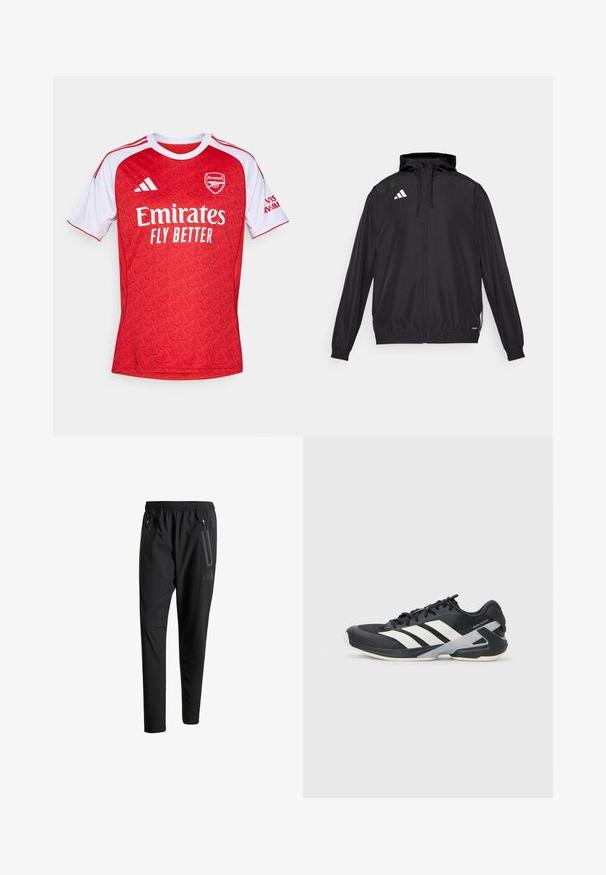 Čierna atletická bunda vyrobená z ľahkého materiálu. Má kapucňu, zips a elastické manžety. Biele logo na hornej ľavej strane.; Červený futbalový dres s bielymi akcentmi, so geometrickým vzorom, okrúhlym výstrihom a logom Arsenalu, spolu s brandingom "Emirates Fly Better".; Čierne športové nohavice s elastickým pásom, dvoma bočnými zipsovými vreckami, zužujúcimi sa nohavicami a nenápadným detailom loga na bokoch.; Čierna športová obuv s bielymi pruhmi, sieťovinový zvršok, zaoblená špička a polstrovaná podrážka. Obsahuje štruktúrovaný opätok a bezpečný systém šnurovania.