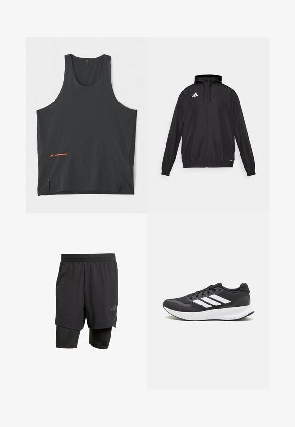 Schwarze Sportjacke aus leichtem Material. Verfügt über eine Kapuze, einen Reißverschluss und elastische Bündchen. Weißes Logo auf der oberen linken Seite.; adidas Performance 365 HERMANOS KOUMORI SINGLET - Top - black; Schwarze Sportshorts mit integrierter Innenschicht, aus atmungsaktivem Material hergestellt. Mit dezentem Logo und strukturierter Textur. Verstellbarer Bund.; Schwarzer Sportschuh mit atmungsaktivem Mesh-Obermaterial, weißen Akzenten und einer gepolsterten Sohle. Mit drei Streifen-Logo an der Seite.
