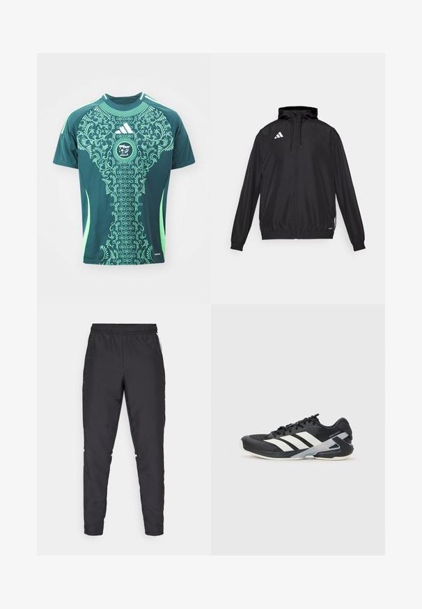 Musta urheilutakki, joka on valmistettu kevyestä materiaalista. Varustettu hupulla, vetoketjulla ja elastisilla hihansuilla. Valkoinen logo vasemmalla ylhäällä.; adidas Performance ALGERIA FAF AWAY JERSEY - Jalkapallopaita - mineral green; Mustat urheiluhousut, joissa on joustava vyötärö, kapenevat lahkeet ja valkoiset sivuakkentit. Valmistettu synteettisestä materiaalista, jossa on sileä tekstuuri.; Mustat urheilukengät valkoisilla raidoilla, verkkomateriaalia ylhäällä, pyöristetty kärki ja pehmustettu pohja. Varustettu teksturoidulla kantapäällä ja turvallisella nauhoitusjärjestelmällä.