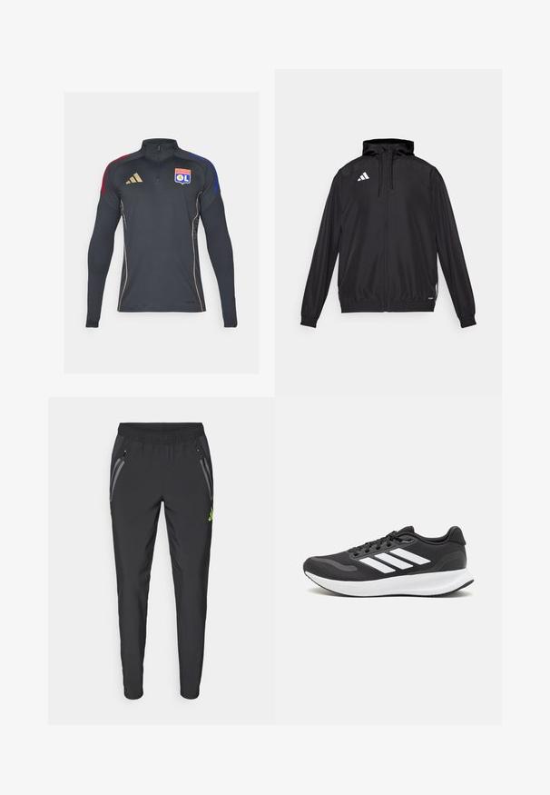 Black athletic jacket made from lightweight material. Features a hood, zip closure, and elastic cuffs. White logo on the upper left side.; Black athletic zip-up jacket with long sleeves, featuring red and blue shoulder accents, gold piping, and the Olympique Lyonnais logo.; adidas Performance REAL MADRID TIRO25 PRO VIS TECH TRAVEL PANT - Club wear - black/lucid lemon; Black athletic shoe with breathable mesh upper, white accents, and a cushioned sole. Features three stripes logo on the side.