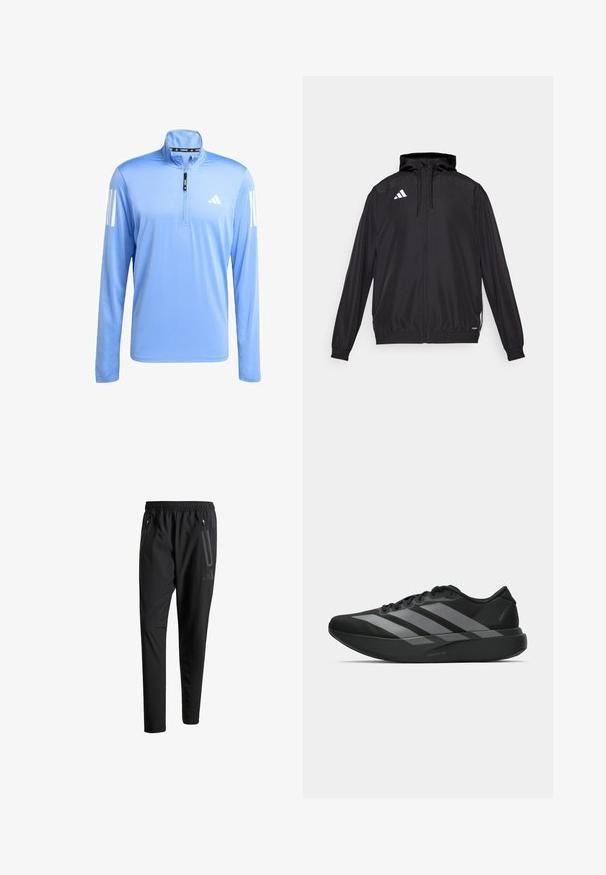 Schwarze Sportjacke aus leichtem Material. Verfügt über eine Kapuze, einen Reißverschluss und elastische Bündchen. Weißes Logo auf der oberen linken Seite.; Himmelblaues Sporthemd mit langen Ärmeln und Viertel-Reißverschluss, aus glattem Material gefertigt. Verfügt über weiße drei Streifen Akzente an beiden Ärmeln.; Schwarze Sporthose mit elastischem Bund, zwei Reißverschlusstaschen an den Seiten, schmal zulaufenden Beinen und einem dezenten Logo-Detail an der Hüfte.; Schwarze Sportschuhe mit einem leichten Design, ausgestattet mit drei auffälligen grauen Streifen, einer glatten Textur und einer konturierten Sohle.