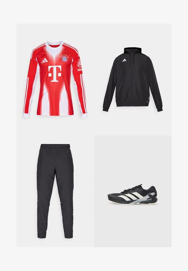 Black athletic jacket made from lightweight material. Features a hood, zip closure, and elastic cuffs. White logo on the upper left side.; Red and white long-sleeve football shirt featuring gradients, club logo, and three stripes on sleeves, made from breathable material.; Black athletic pants with an elastic waistband, tapered legs, and white side accents. Made of synthetic material with a smooth texture.; Black athletic shoe with white stripes, mesh upper, rounded toe, and cushioned sole. Features a textured heel and secure lacing system.