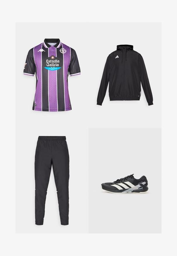 Must värvi sportlik jakk, mis on valmistatud kergest materjalist. Omab kapuutsit, lukuga sulgemist ja elastseid mansette. Valge logo ülemisel vasakul küljel.; Lilla ja musta triibuline jalgpallisärk kraega, millel on keskel logo ja valged aktsendid varrukatel ja äärel. Valmistatud hingatavast kangast.; Mustad mustusharjased püksid elastse vöökohtadega, kitsenevate jalgadega ja valgete külgaktsentidega. Valmistatud sünteetilisest materjalist, millel on sile tekstuur.; Mustad sportlik jalanõud mustade värvidega, valgete triipudega, võrgusilma pealmine osa, ümar varvas ja pehme tallaga. Omab tekstureeritud kontsa ja kindlat paeltesüsteemi.