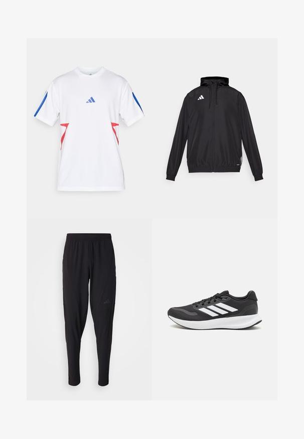 Must värvi sportlik jakk, mis on valmistatud kergest materjalist. Omab kapuutsit, lukuga sulgemist ja elastseid mansette. Valge logo ülemisel vasakul küljel.; Valge sportlik särk, mis on valmistatud kerge võrkmaterjalist, siniste aksentidega varrukatel ja punaste kolmnurksete kujunditega külgedel. Adidas logo on nähtaval.; Mustad mustat spordipüksid elastse vöökohtaga, kitseneva disaini, küljetaskute ja peene logodetailiga. Valmistatud paindlikust ja hingavast kangast.; Mustmust valmistatud õhulise võrgu ülemise osa, valgete aktsentidega ja pehme tallaga must sportlik king. Küljel on kolm triipu kujutav logo.