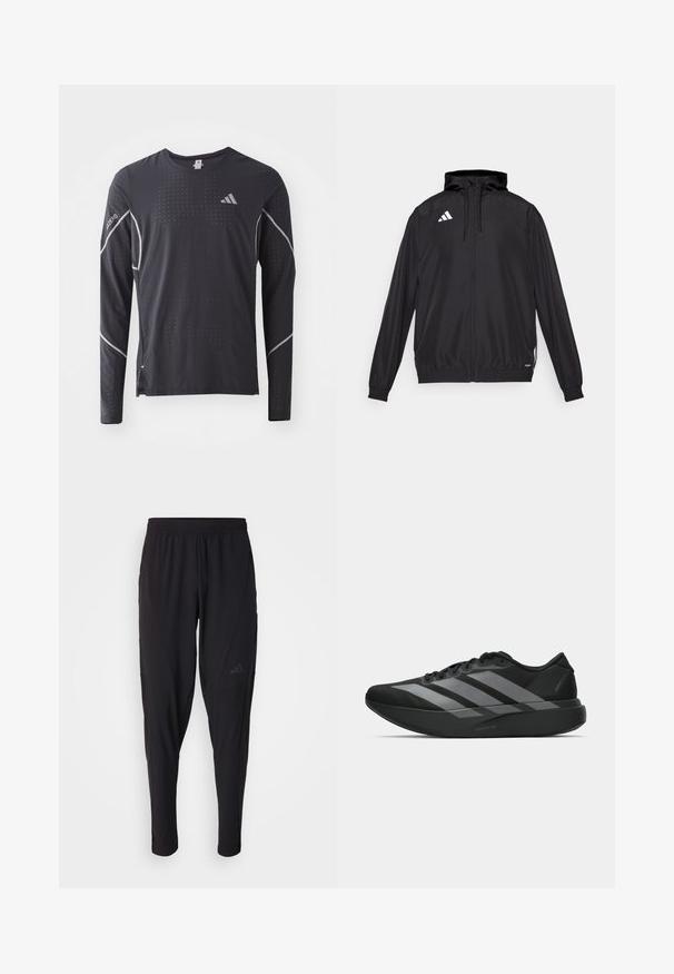 Černá sportovní bunda vyrobená z lehkého materiálu. Obsahuje kapuci, zipové zapínání a elastické manžety. Bílá značka na levé horní straně.; adidas Performance TEE - Top s dlouhým rukávem - black; Černé sportovní kalhoty s elastickým páskem, zúženým střihem, bočními kapsami a nenápadným logem. Vyrobeno z pružné, prodyšné látky.; Černé sportovní boty s lehkou konstrukcí, se třemi výraznými šedými pruhy, hladkým povrchem a tvarovanou podrážkou.