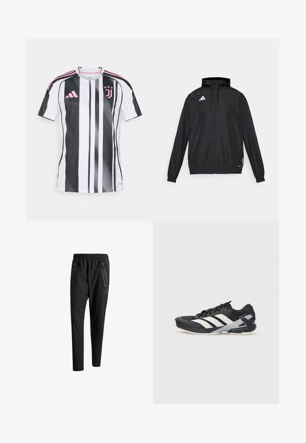 Veste de sport noire en matériau léger. Dotée d'une capuche, d'une fermeture éclair et de poignets élastiques. Logo blanc sur le côté supérieur gauche.; Maillot de football Juventus avec des rayures verticales noires et blanches, accents roses sur les manches et le logo, fabriqué en matériau léger et respirant.; Pantalons de sport noirs avec une taille élastique, deux poches latérales zippées, des jambes fuselées et un détail de logo subtil sur la hanche.; Chaussure de sport noire avec des rayures blanches, tige en mesh, bout arrondi et semelle rembourrée. Comprend un talon texturé et un système de laçage sécurisé.