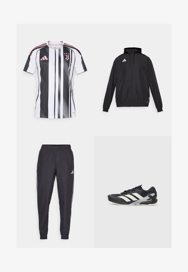 Sort atletisk jakke lavet af letvægtsmateriale. Har hætte, lynlås lukning og elastiske manchetter. Hvidt logo på øverste venstre side.; Juventus fodboldtrøje med lodrette sort-hvide striber, lyserøde detaljer på ærmerne og logoet, lavet af let og åndbart materiale.; Svarte sportbukser med elastisk talje, med hvide striber langs siderne og et lille logo ved hoften. Glat tekstur.; Sort sportsko med hvide striber, mesh-overdel, rund tå og dæmpet sål. Har en tekstureret hæl og et sikkert snøresystem.