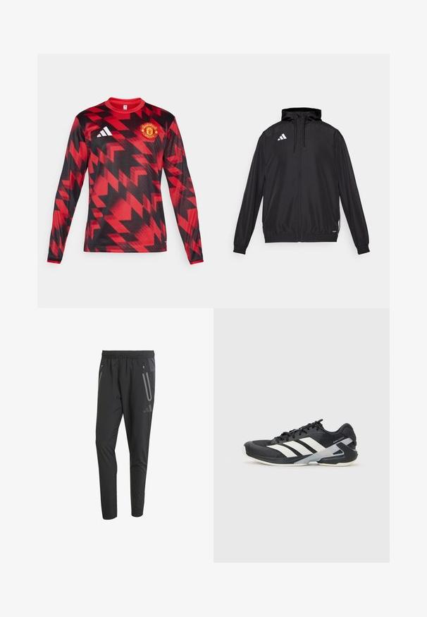 Giacca atletica nera realizzata in materiale leggero. Caratterizzata da un cappuccio, chiusura zip e polsini elastici. Logo bianco sul lato superiore sinistro.; Maglia a maniche lunghe rossa con motivi geometrici neri, caratterizzata da un logo ricamato del Manchester United e tre strisce bianche sulle spalle.; Pantaloni sportivi neri con vita elasticizzata, due tasche laterali con zip, vestibilità affusolata e dettagli riflettenti sulla parte frontale.; Scarpa sportiva nera con strisce bianche, tomaia in rete, punta arrotondata e suola ammortizzata. Presenta un tallone testurizzato e un sistema di allacciatura sicuro.