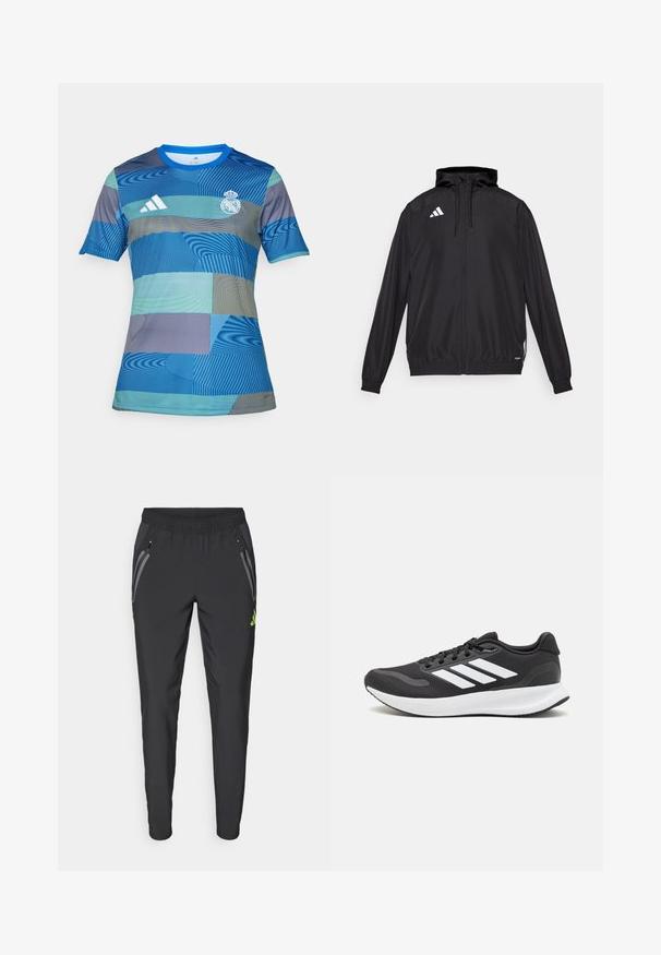 Crna sportska jakna izrađena od laganog materijala. Ima kapuljaču, zatvaranje na rajsferšlus i elastične manšete. Bijeli logo na gornjoj lijevoj strani.; Plavi nogometni dres s geometrijskim uzorkom u različitim nijansama plave i zelene, kratkih rukava, okruglog izreza i Adidas logom.; adidas Performance REAL MADRID TIRO25 PRO VIS TECH TRAVEL PANT - Klupska odjeća - black/lucid lemon; Crne atletske tenisice s prozračnom mrežicom na gornjem dijelu, bijelim akcentima i mekanim potplatom. Imaju logo s tri pruge sa strane.